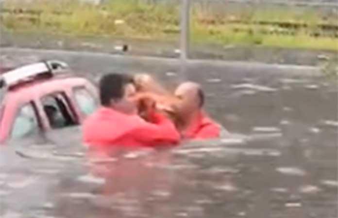Viralizan rescate de dos adultos mayores y un perrito atrapados en inundación en Guadalajara